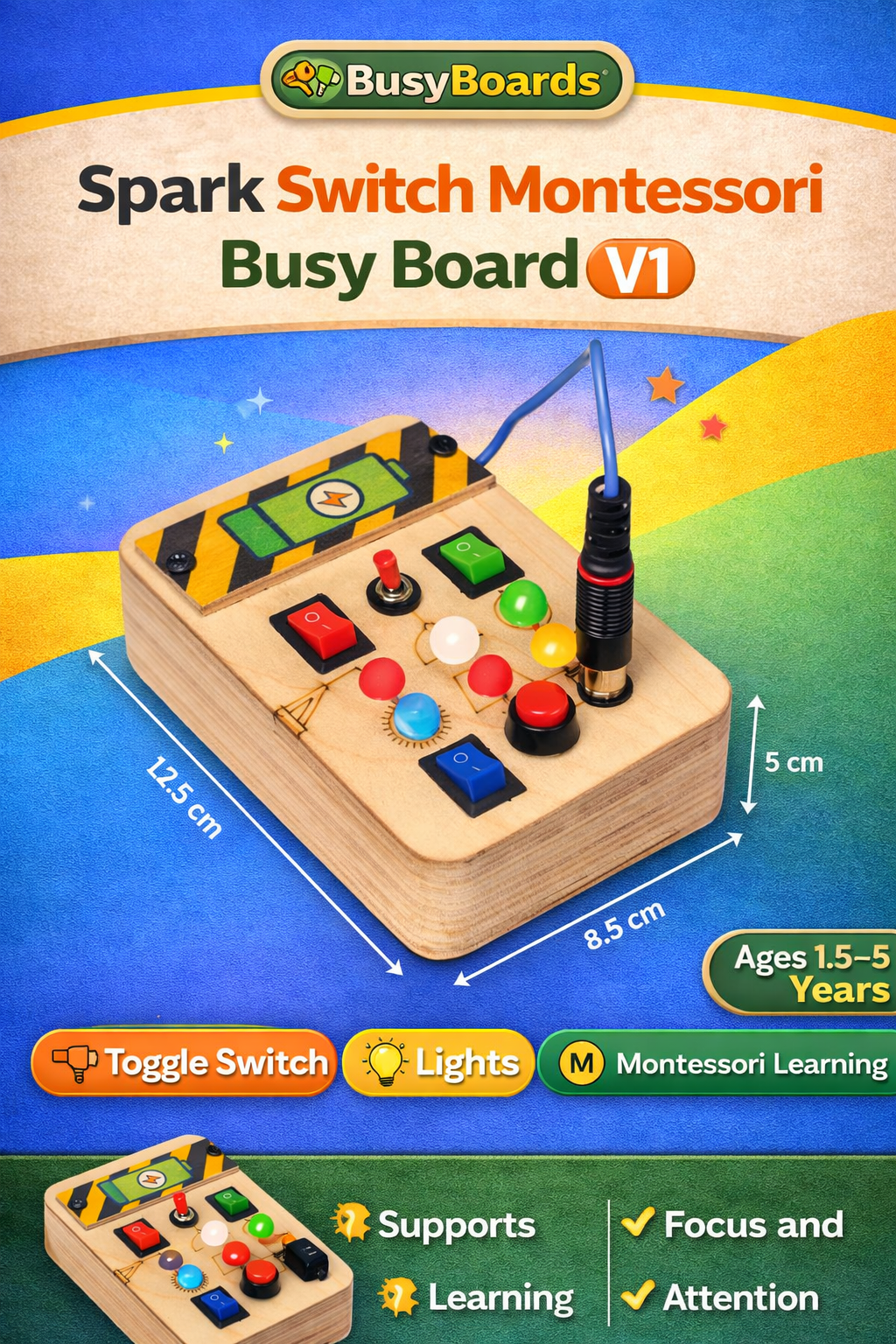 BusyBoards Spark Switch Busy Board for Kids | Montessori Learning Toy